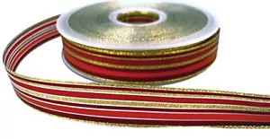 15 mtrs Berisfords 16mm Ribbon. Red,Burgundy-Orange-Metallic Gold-Sheer-Stripes - Picture 1 of 1