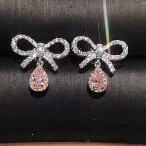 2Ct Pear Cut Lab Created Sapphire Bow Drop/Dangle Earrings 14K White Gold Plated - Picture 1 of 1