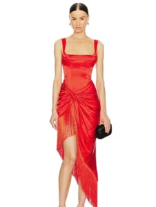 ANTHROPOLOGIE FOR LOVE & LEMONS ANISA SILK Asymmetrical FRINGE MIDI DRESS RED S - Picture 1 of 11