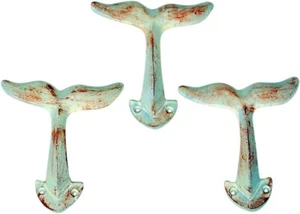 Rustic White Cast Iron Whale Tail Wall Hooks, 4 1/2 Inches, Set of 3 - Picture 1 of 1