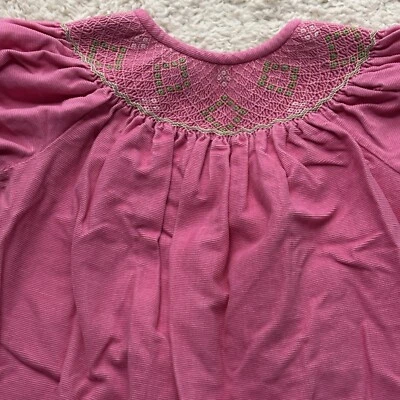 Vive La Fete Pink Smocked AKA Corduroy Ruffle Dress Baby 2 Green White Diamonds - Image 1 of 4