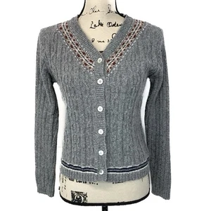 Vintage 80s Women S Cardigan Cable Knit Preppy Academia V Neck Wool Blend Gray - Picture 1 of 13