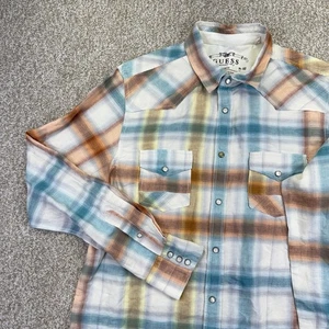 Guess Pearl Snap Linen Blend Shirt Mens Large Blue Beige Brown Plaid Western - Picture 1 of 14