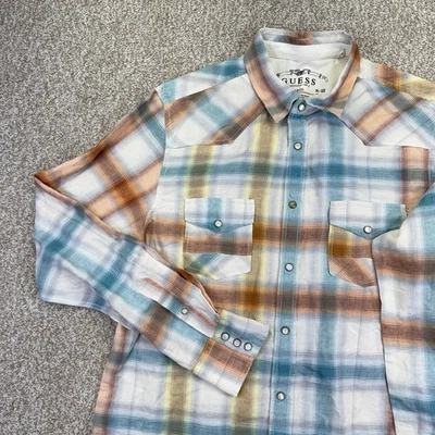 Guess Pearl Snap Linen Blend Shirt Mens Large Blue Beige Brown Plaid Western  - Image 1 of 4