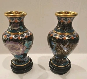 Pair of 4″ Handcrafted Cloisonné Vases with Peony & Bird W/Stands & Box - Picture 1 of 23