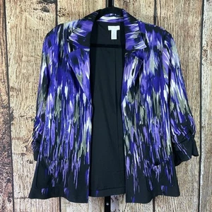 Chico's Women's Black Purple 3/4 Ruched Sleeve Open Front Blazer Jacket Size2 - Picture 1 of 6