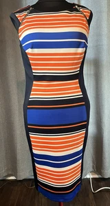 Women's Enfocus Studio Navy Orange Blue Stripe Colorblock Sheath Dress - 12 - Picture 1 of 6