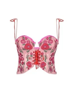 For Love And Lemons Kaylee Pink Floral Crop Top Bustier Embroidered Size Medium - Picture 1 of 10