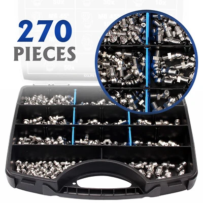 CCLIFE 270tlg Schmiernippel Sortiment Kegel Verzinkt Fettnippel M6 M8 M10 Gerade 45°90°