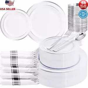 210pcs Silver Plastic Dinnerware Party Set 30 Guests Disposable Tableware New - Picture 1 of 7