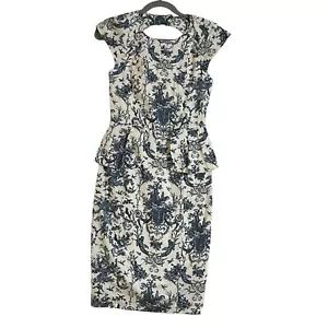 Cue Womens Dress Size 8 Blue Victorian Print Peplum Lined Keyhole Back Cocktail - Picture 1 of 21