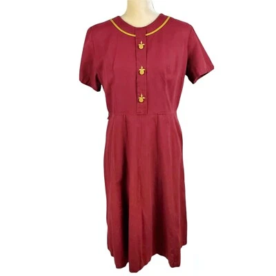 Vintage Handmade Maroon Cotton Button Trim Short Sleeve Fit Flare Midi Dress S M - Image 1 of 4