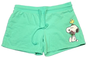 Peanuts Snoopy Woodstock Flowers Shorts Girls Large 11/13 Mint Green Drawstring - Picture 1 of 7