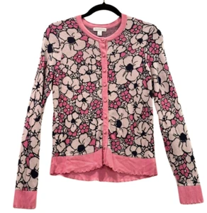 Charter Club Women's Small Pink Black Floral Button Up Cardigan Spring Preppy - Picture 1 of 9