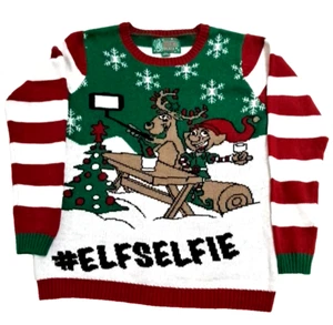 Ugly Christmas Sweater Elf Selfie Reindeer L Green White Snowflakes Red - Picture 1 of 7