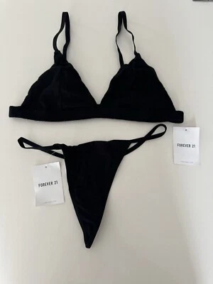 Forever 21 Sujetador Intimates + Tangas Mezcla Algodón Triángulo Cuerda Negro Talla M Nuevo Con Etiquetas Foto 1 de 4