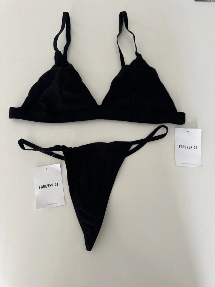 Forever 21 intimates bra + thongs cotton blend triangle string black size M NWT - Image 1 of 4