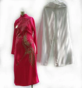 Vintage Pink Ao Dai with Silver Cranes Long Tunic Dress with Pants XS D856 - Picture 1 of 12