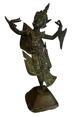 "Antigua estatua de bailarina de bronce tailandesa Tailandia 9"" alrededor de finales del siglo XIX" Foto 1 de 4
