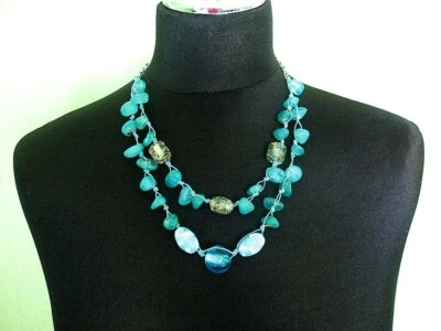 Perlen - Halskette - türkisfarbenes Glas und Stein- Länge 46 cm - Bild 1 von 4