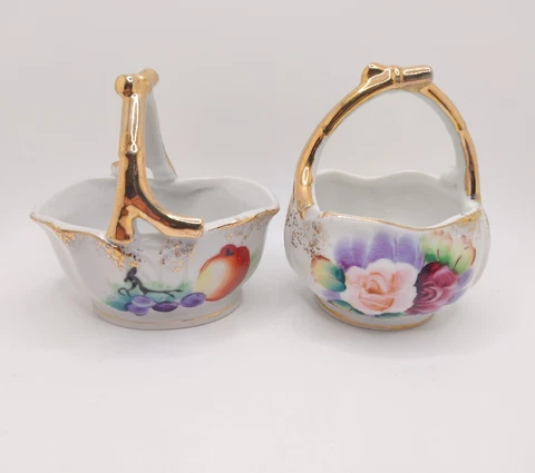 Vintage Ucagco Ceramic Basket Set Gold Trim MCM 1960s Made In Japan Cover