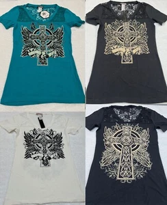 Lace Yoke Winged Cross Rhinestone Stud Embellished Cap Sleeve Tee - Picture 1 of 7
