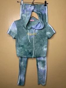 Vizio Women Large 2pcs Set Leggings Crop Top Green Tye Dye Short Sleeve Hooded - Picture 1 of 24