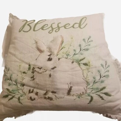 Pier 1 Bunny Tales Pillow Rabbit Easter Spring Cottage Embroidered 18x18 Plaid - Image 1 of 4