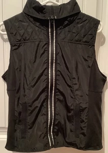 Neiman Marcus Small Women Black Quilted Top Vest Zip Pockets Accent Stripe - Picture 1 of 23