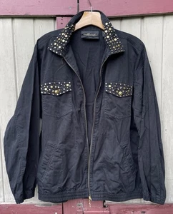 Vintage Black Celestial Star Jacket L Studded Gold Zip Goth Glam Witchy Collar - Picture 1 of 12