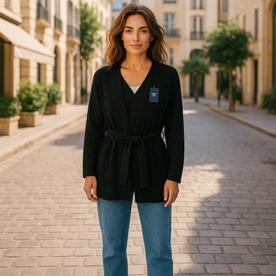 GANT Ribbed Lambswool Cardigan Women Jumper XS Black Knit Belted Long Sleeve - Image 1 of 4