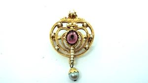 VINTAGE BEAUTIFUL COSTUME AMETHYST SEED PEARLS DANGLE PEARL PENDANT/PIN 1 1/2" - Picture 1 of 4