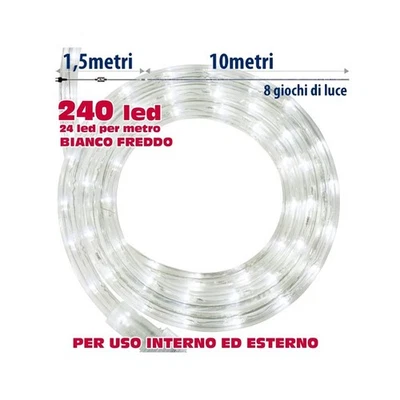 TRADE SHOP TRAESIO Tubo Luminoso Natalizio 10 Metri Led Bianco Freddo Con Controller 8 Funzioni