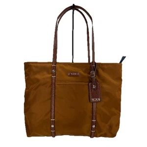Tumi Brown Nylon Brown Leather Trim Shoulder Bag Zip Top Tote Purse - Picture 1 of 14