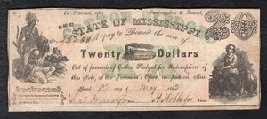 1862 $20 THE STATE OF MISSISSIPPI “COTTON PLEDGED” JACKSON, MS OBSOLETE NOTE - Picture 1 of 2