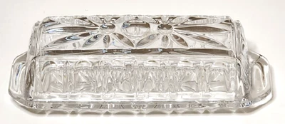 Prato de manteiga vintage com pés de vidro cristalino design estrela com tampa alças pés - Imagem 1 de 4