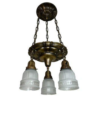 antique Arts&Crafts ,Victorian 1910's brass 3 light chandelier - Image 1 of 4
