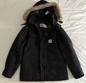 Vintage Carhartt Jacket Removable Hooded Quilted Coat Black Fur USA - Picture 1 of 16