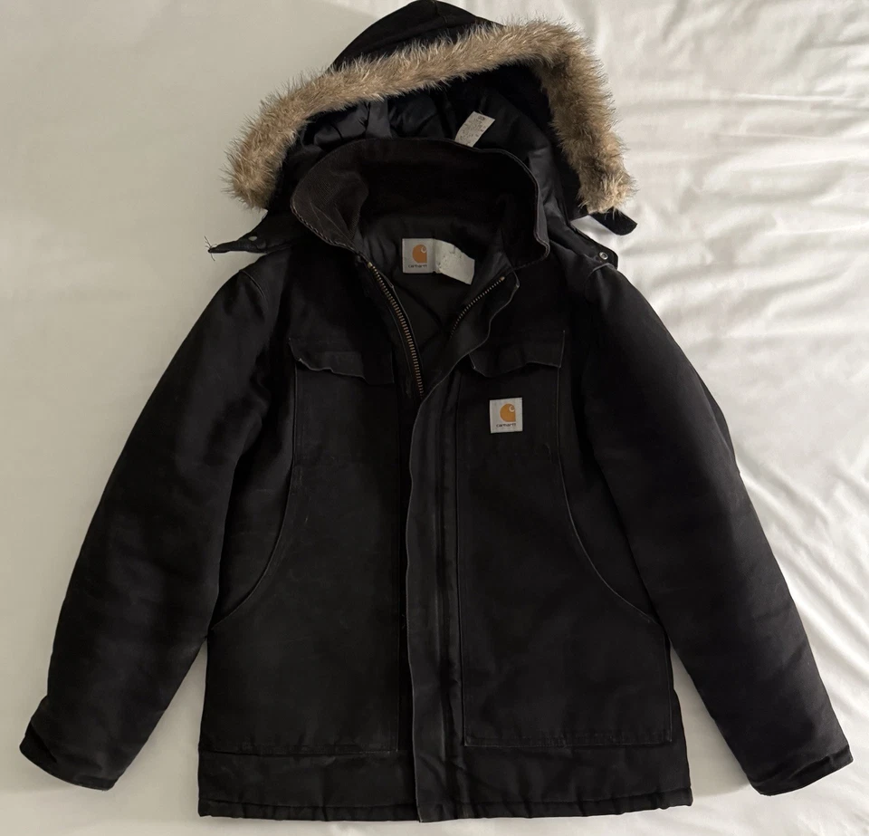 Vintage Carhartt Jacket Removable Hooded Quilted Coat Black Fur USA - Image 1 of 4