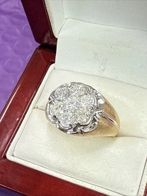 💎 Mens 14k Yellow Gold 2 Tone 1.40 Ct Diamond Cluster Ring Size 11 - Image 1 of 4