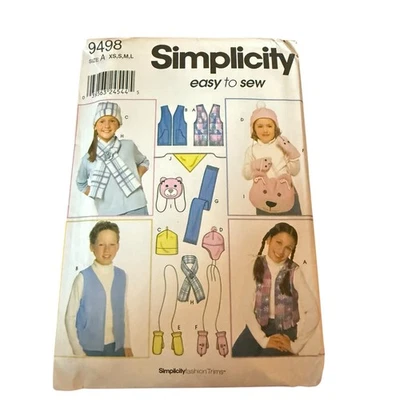 Simplicity 9498 Vest Hat Mittens Scarf Bear Purse Fleece Kids Sizes XS S M L FF - Image 1 of 2