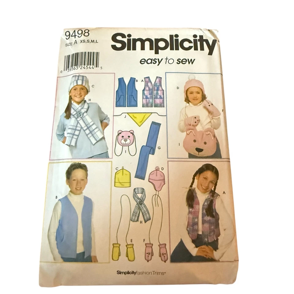 Simplicity 9498 Vest Hat Mittens Scarf Bear Purse Fleece Kids Sizes XS S M L FF - Image 1 of 2