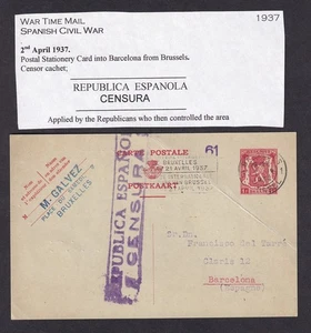 Spain Civil War 1937 postcard from Belgium with boxed REPUBLICA ESPANOL CENSURA - Picture 1 of 2