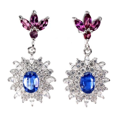 925 Sterling Silver Earrings Oval Kyanite Rhodolite Garnet Gemstone Jewelry - Image 1 of 4