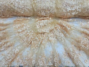 Champagne Gold Lace 3d Floral Flowers Embroidered Beaded Fabric By The Yard For - Picture 1 of 11