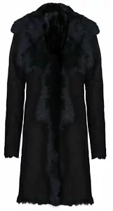 Schwarze Damen Damen Echt Toscana Lammfell Leder Wildleder Jacke Trenchcoat - Bild 1 von 5