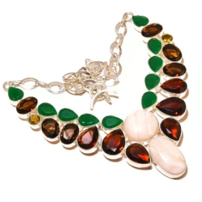 Collar hecho a mano de ágata rosa claro, cuarzo ahumado, citrino, piedras preciosas de ónix verde Foto 1 de 4