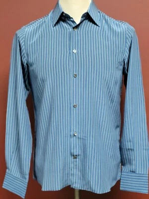 Camisa de vestir STEFANO RICCI para hombre azul-blanco a rayas seda botón delantero L Slv Italia Foto 1 de 4