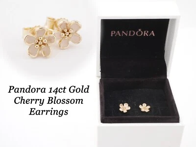 Hermoso Par de Pendientes Pandora Genuinos 14ct (585) Oro Flor de Cerezo Esmalte Foto 1 de 4