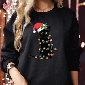 SUDADERA (5136) Papá Noel Gato Negro Enredado en Luces Navidad Divertido Jersey - Imagen 1 de 12